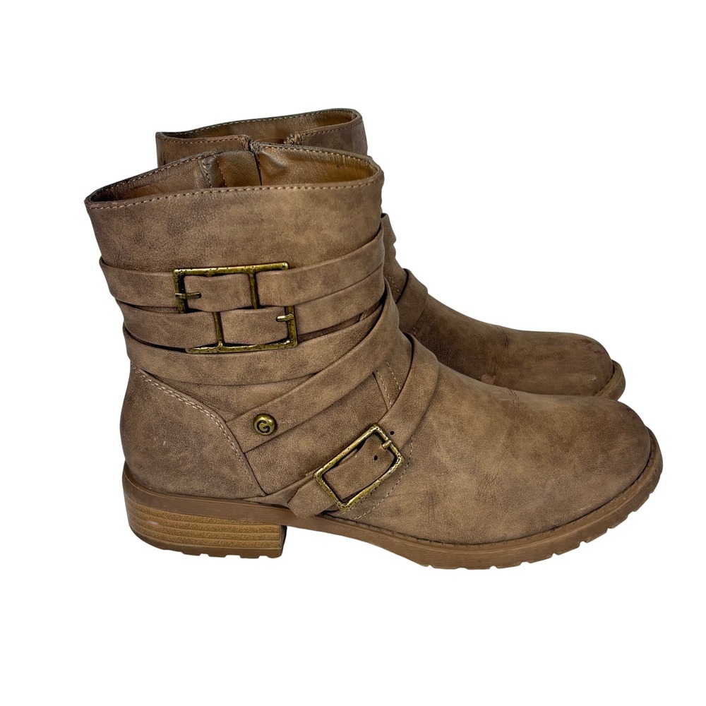 G BY GUESS Ankle Boots Brown Strappy Buckle Moto Combat Women 7 M